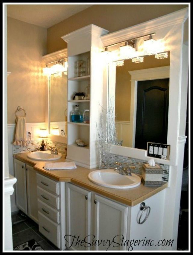 10 stunning ways to transform your bathroom mirror without removing it, Stick some shelves in between