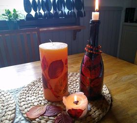 self made candle decoration using aronia leaves , crafts, home decor, hvac, seasonal holiday decor