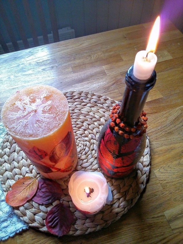 self made candle decoration using aronia leaves , crafts, home decor, hvac, seasonal holiday decor