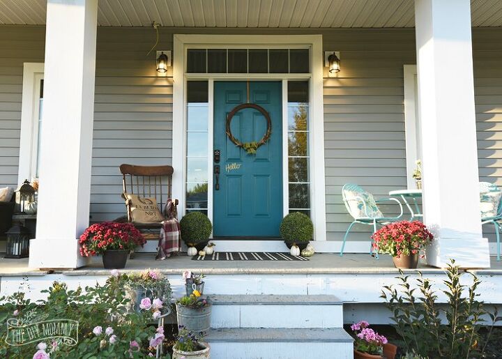a cozy and colorful fall porch, crafts, doors, flowers, gardening, painted furniture, porches, repurposing upcycling, wreaths