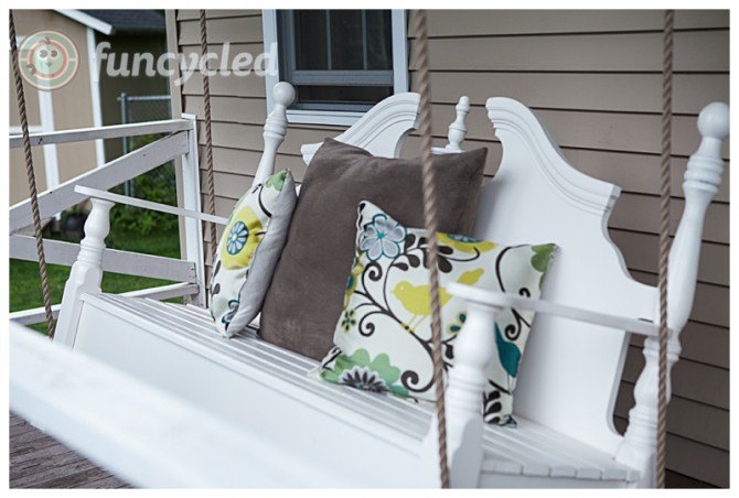 hanging a porch swing made from an old bed frame, outdoor living
