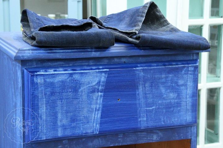 how to create a faux denim look on painted furniture, how to, painted furniture, Lay jeans down press legs to drawer peel up