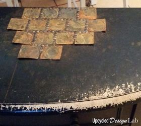 upcycled tin can lid table top cover up episode 4 of dogs vs cats, living room ideas, painted furniture, repurposing upcycling, rustic furniture