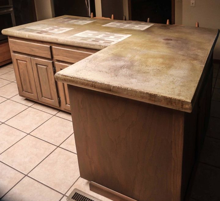 q cement counter tops may be not all they re cracked up to be help , concrete masonry, concrete repair, countertops, So I started n the island Grey wash over oak Looks better to me but I can tell that we still need to rethink the tops IDEAS