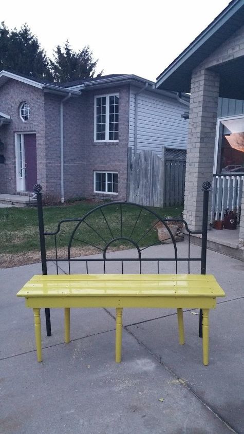 up cycle yellow bench made from a headboard, outdoor furniture, repurposing upcycling