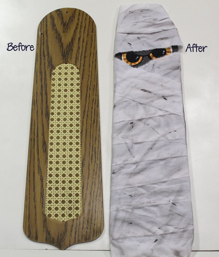make a halloween mummy from a ceiling fan blade, halloween decorations, repurposing upcycling, seasonal holiday decor, wall decor, Before After