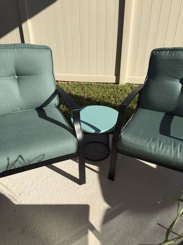 trash to treasure patio tables, home improvement, painted furniture, Table next to the chairs