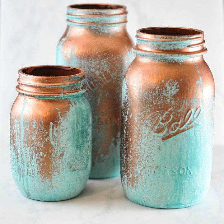 s don t throw out that used jar before you see these countertop ideas, countertops, Paint them with blue patina