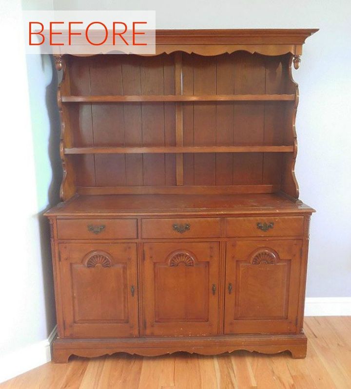 s 8 hutch makeovers we can t stop looking at, painted furniture, Before An old fashioned wood hutch
