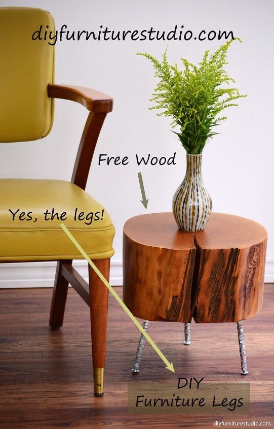 how to make a tree stump side table with diy legs, how to, painted furniture, repurposing upcycling, rustic furniture, woodworking projects, DIY Carriage Bolt and Nut Leg
