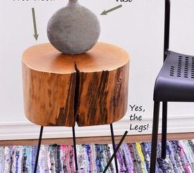 how to make a tree stump side table with diy legs, how to, painted furniture, repurposing upcycling, rustic furniture, woodworking projects, DIY Threaded Rod Tape and Coupling Nut Legs
