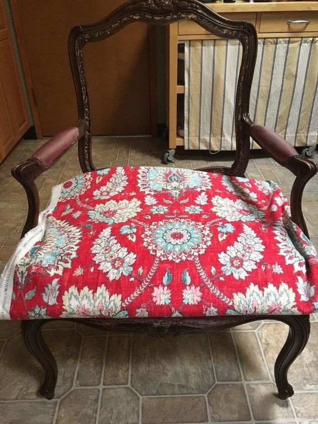 update of a classic bergere chair, Laying the fabric onto the seat for placement