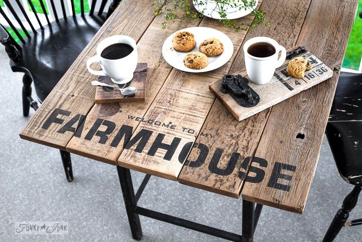 going farmhouse with a funky patio table and kitchen window valance, crafts, kitchen design, painted furniture, repurposing upcycling, rustic furniture, woodworking projects