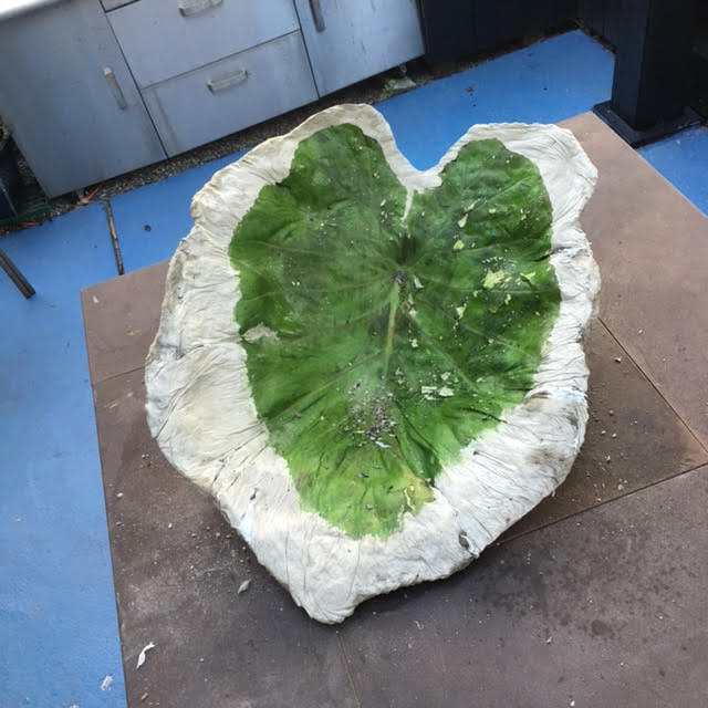 leaf casting in cement bird bath, bathroom ideas, concrete masonry, Flip it over and peel off the leaf now