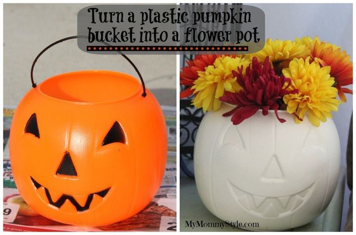 spray painted plastic pumpkin bucket, gardening, halloween decorations, outdoor living, seasonal holiday decor