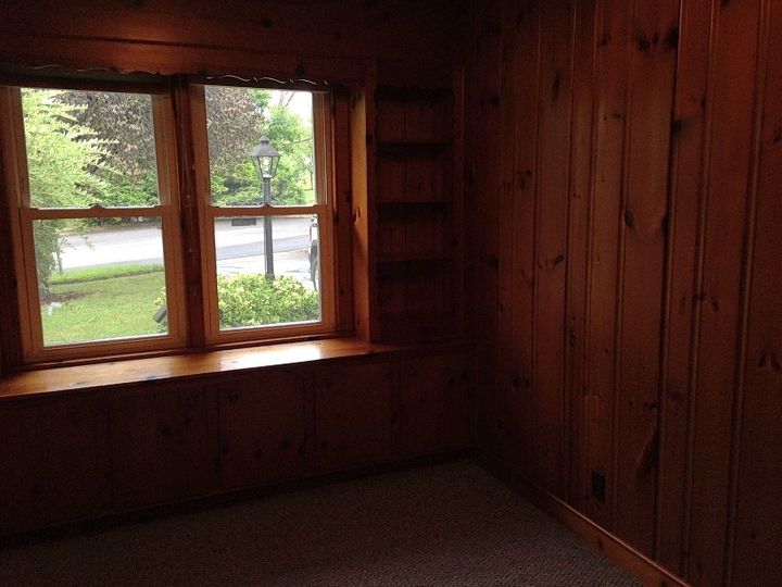 q what to do with a small entry way room that s all pine , foyer, home improvement, small home improvement projects, This room is in the front of house but too dark even with the windows There are shelves going all around window with storage underneath the windows too any suggestions