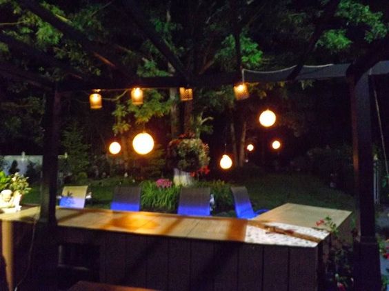 luces colgantes de jardin, vista nocturna de mi patio trasero con las luces