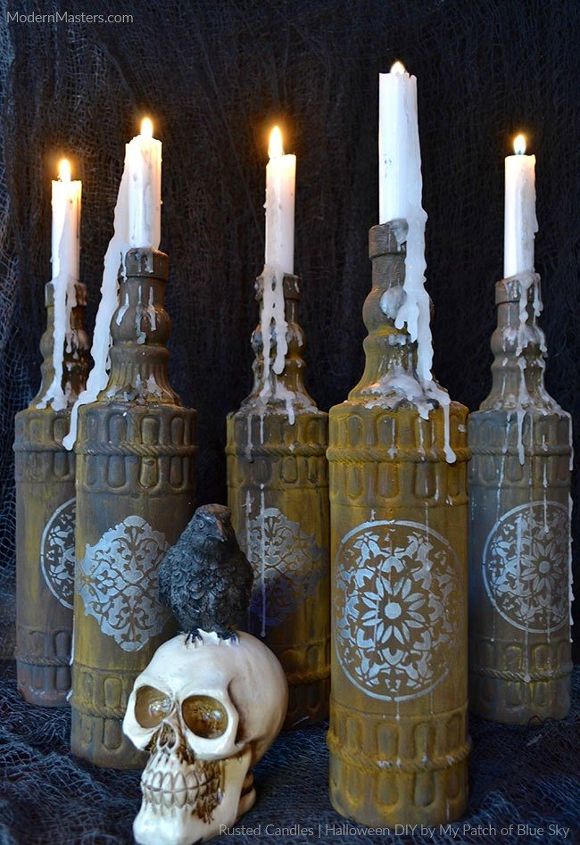halloween diy rusted glass candles, halloween decorations, seasonal holiday decor