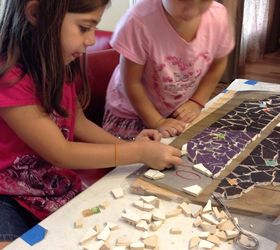 changing nasty carpeted stairs to mosaic garden path magic, My granddaughters use their artistic vibes