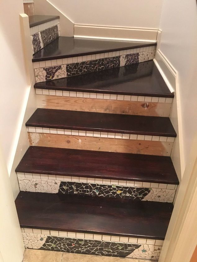 nasty carpeted stairs go to mosaic garden path magic , stairs