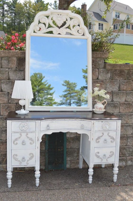 Antique Vanity Desk W Mirror In White Milk Paint And Appliques