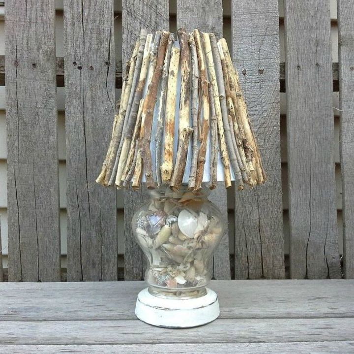 these gorgeous transformations will make you rethink your lamp shades, Give it a rusted outdoor look with twigs