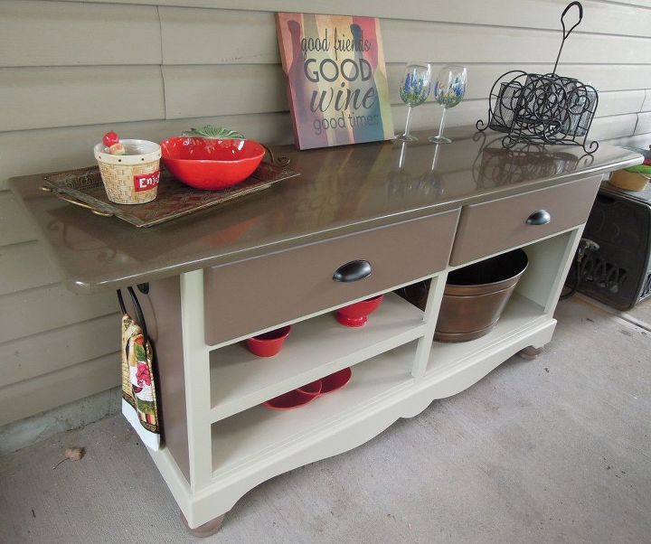 repurposed dresser into patio entertaining island