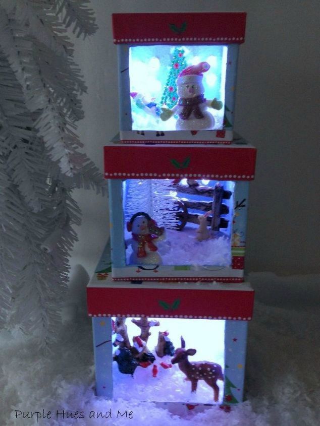 recorte papelo para essas ideias incrveis de natal, Dioramas iluminados de caixas de Natal empilh veis