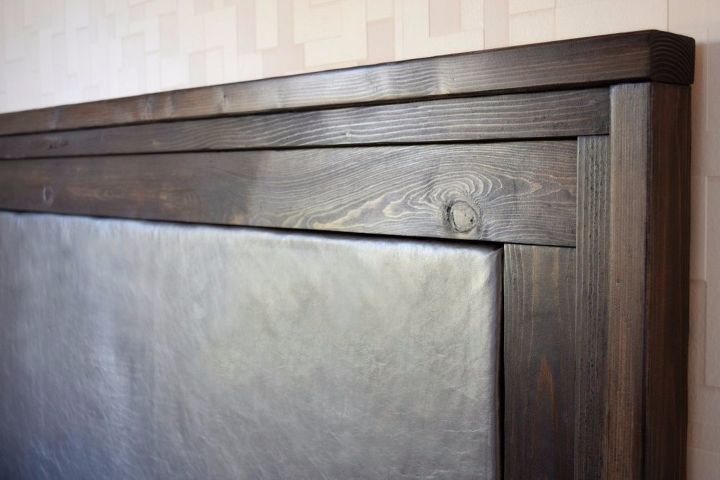 diy upholstered leather headboard with wood trim, bedroom ideas, tools, reupholster, wall decor, woodworking projects