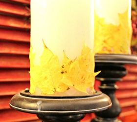 transforma las velas baratas de walmart con estas 15 impresionantes ideas, Presiona las hojas sobre ellas con cera derretida