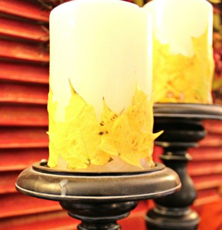 transforma las velas baratas de walmart con estas 15 impresionantes ideas, Presiona las hojas sobre ellas con cera derretida