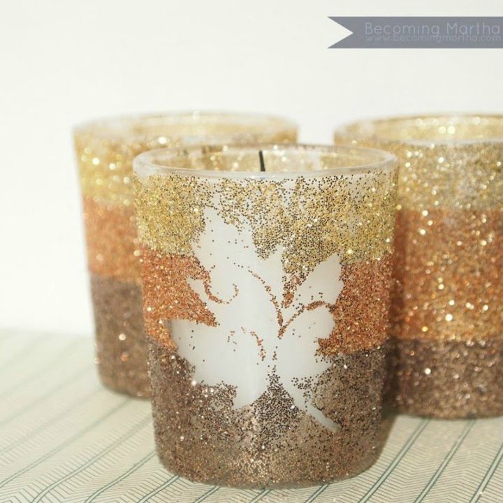 s 15 simple candle transformations you need to try this season, Give plain votives an ombre glitter revamp