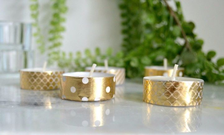 transforma las velas baratas de walmart con estas 15 impresionantes ideas, Dale un toque de elegancia con washi tape dorado