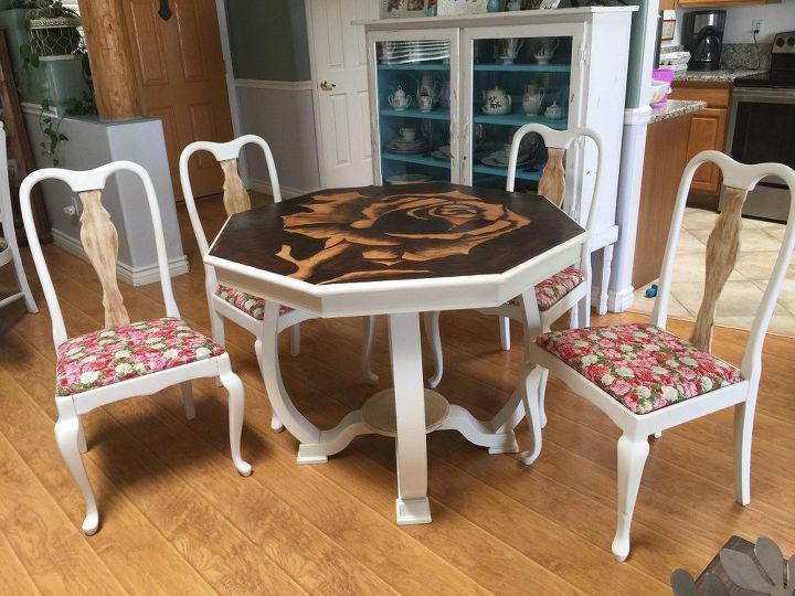 rose stained table and antique chairs makeover, flowers, gardening, painted furniture, repurposing upcycling