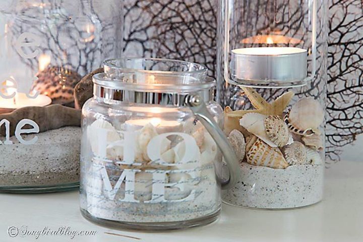shut the front door these sand decorating techniques are stunning, Pair it with seashells for beautiful lanterns