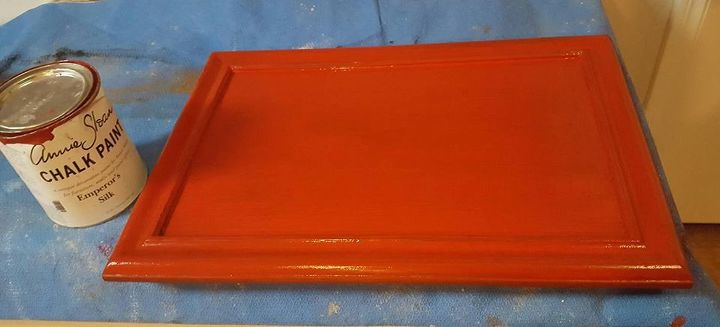 repurposed cabinet door and vintage dresser pulls, doors, kitchen cabinets, kitchen design, painted furniture, this red paint dried darker than shown here