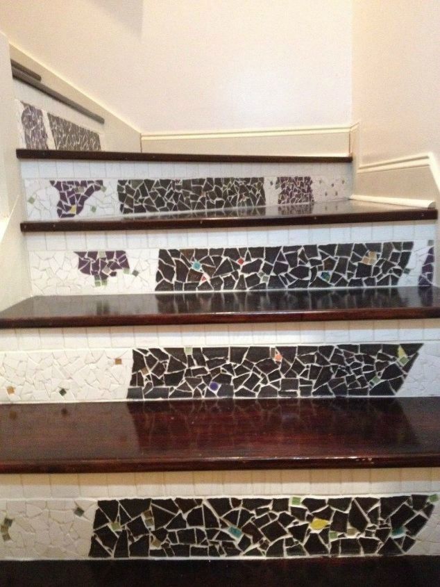 s get rid of your carpet staircase without hiring a contractor, stairs, reupholster, Revamp your stairs with a mosaic pattern