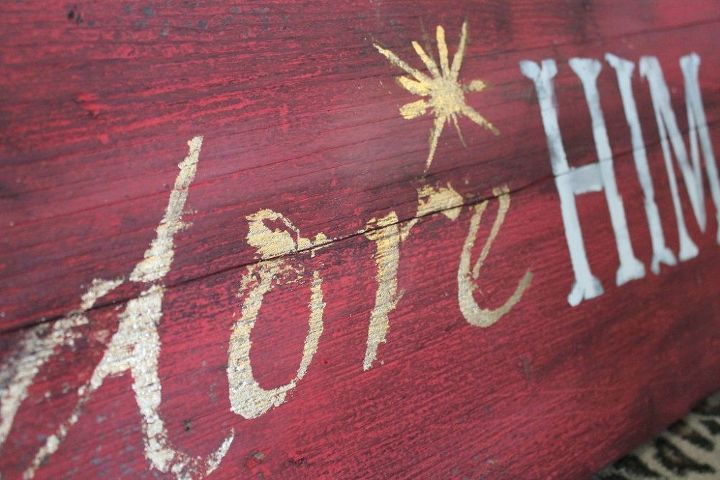 o come let us adore him stenciled barnwood christmas sign, crafts