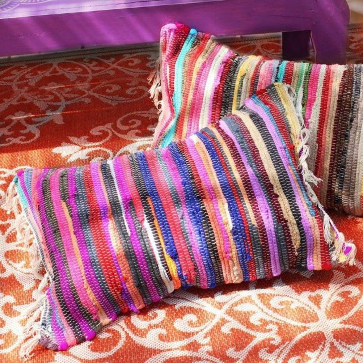 s transform dollar store rugs with these 11 stunning ideas, reupholster, Glue them to copy this lovely patio pillow