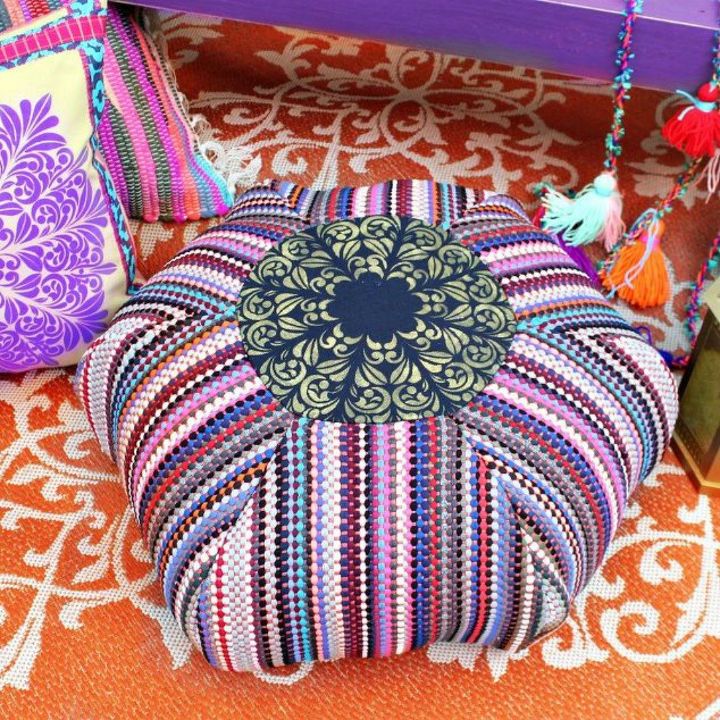 s transform dollar store rugs with these 11 stunning ideas, reupholster, Or sew them together to create a stylish pouf