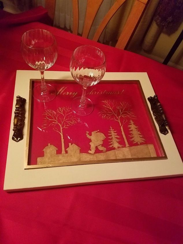 holiday tray made with a cutting edge stencil and gold leaf paint 