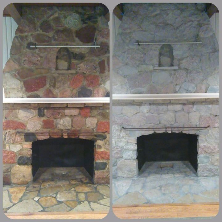 ugly stone fireplace makeover, concrete masonry, fireplaces mantels, Before and after