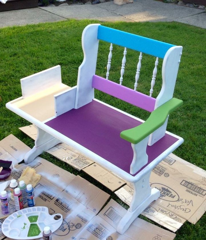 funky hand painted bench, outdoor furniture, repurposing upcycling