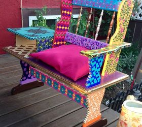 funky hand painted bench, outdoor furniture, repurposing upcycling
