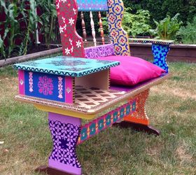 funky hand painted bench, outdoor furniture, repurposing upcycling
