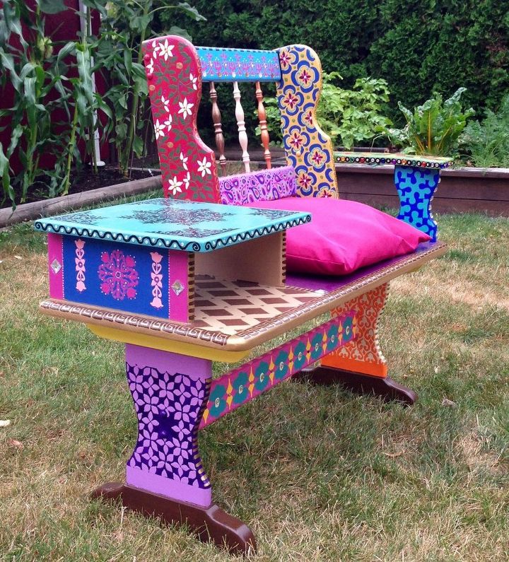 funky hand painted bench, outdoor furniture, repurposing upcycling