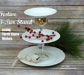 festive 3 tier stand using thrift store dishes