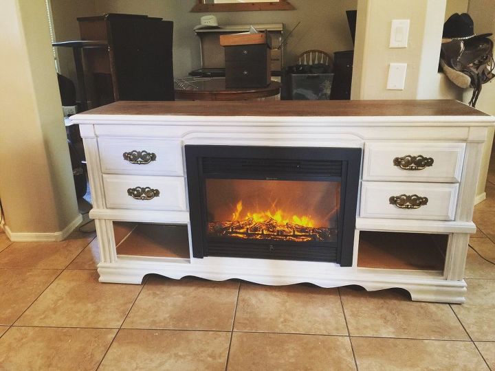 dresser turned media console fireplace