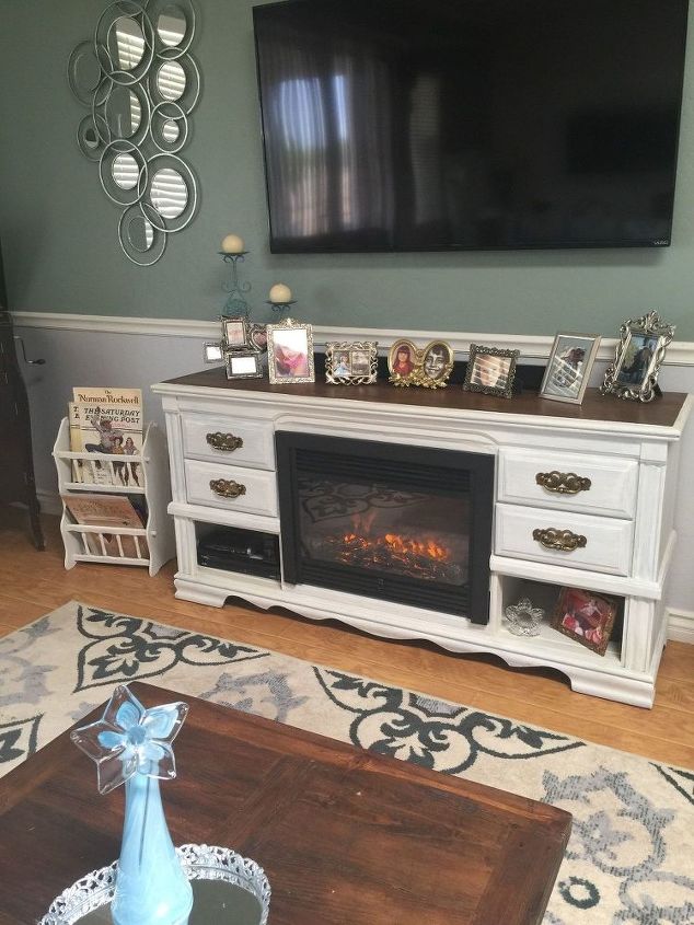 dresser turned media console fireplace, After