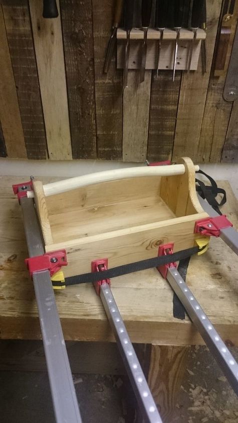 recycled wood tool tote, tools, A frame clamp was perfect for this job